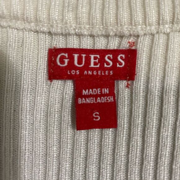 Guess Slim Fit Ribbed Knit Top Crew Neck Black Ivory Strip Bling Logo Y2K SZ SM - Picture 7 of 9